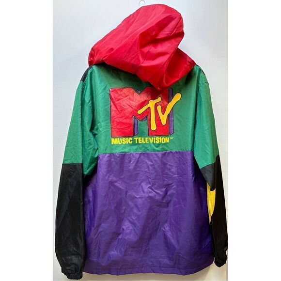 MTV Vintage multi-color lightweight hooded windbreaker pockets size L. #16-1602 - Picture 8 of 9
